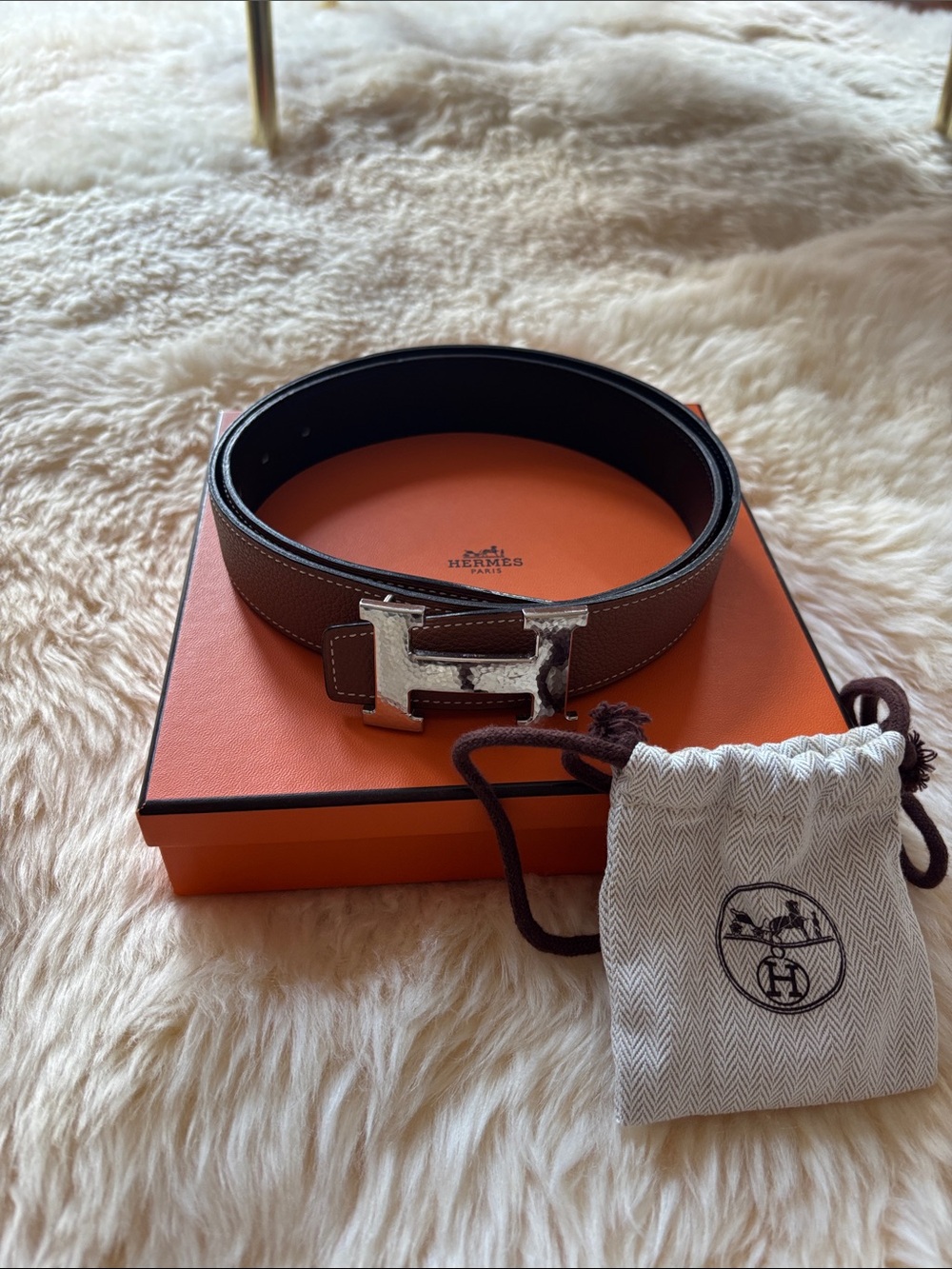Hermes Brown/ Black Leather Belt with hammered Silver H Buckle